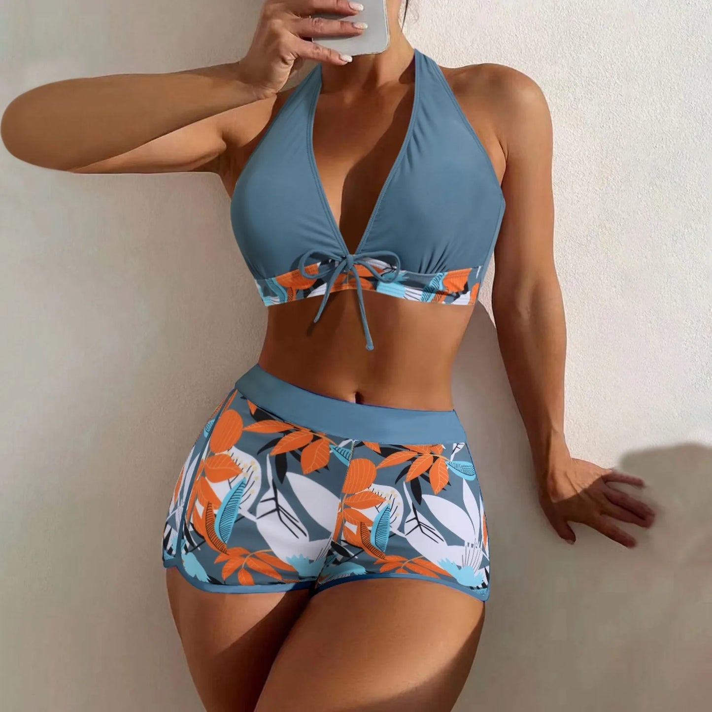 High Waist Plant Print Bikinis Set for Women Stylish Swimwear 2 Pieces