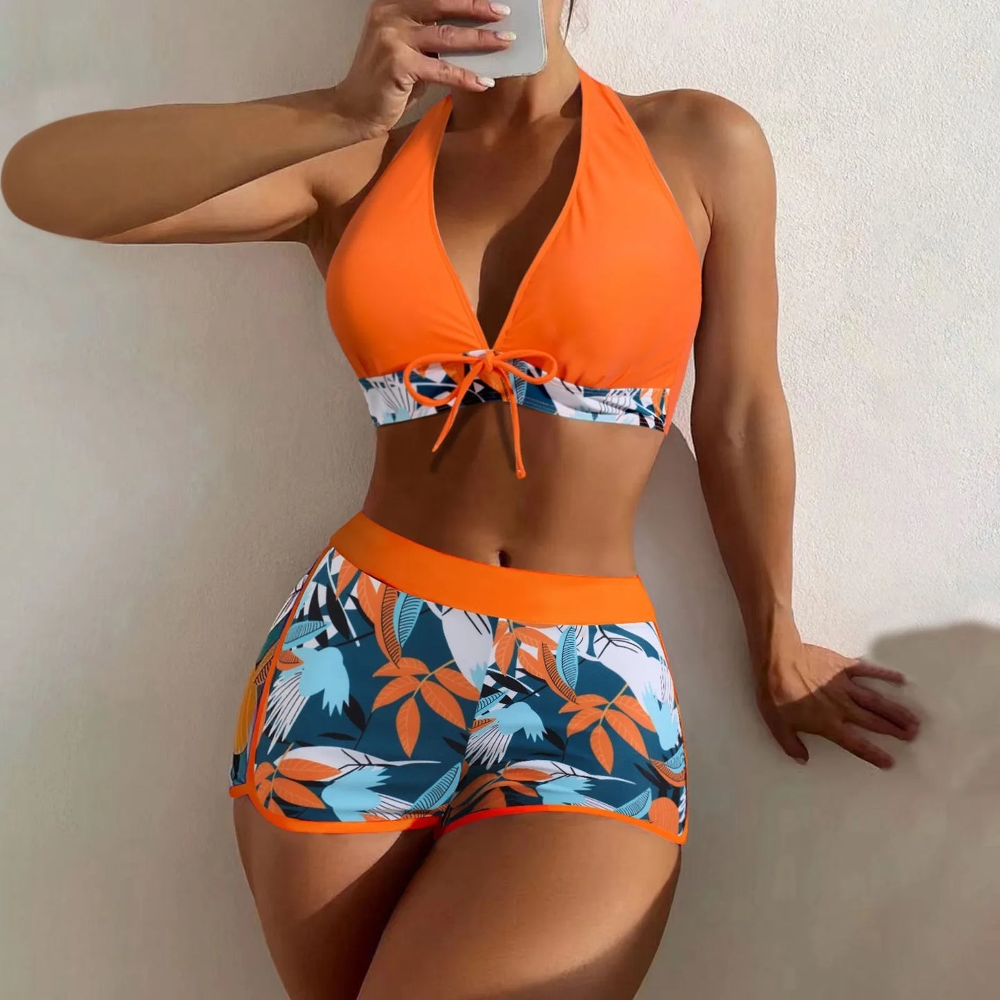 High Waist Plant Print Bikinis Set for Women Stylish Swimwear 2 Pieces