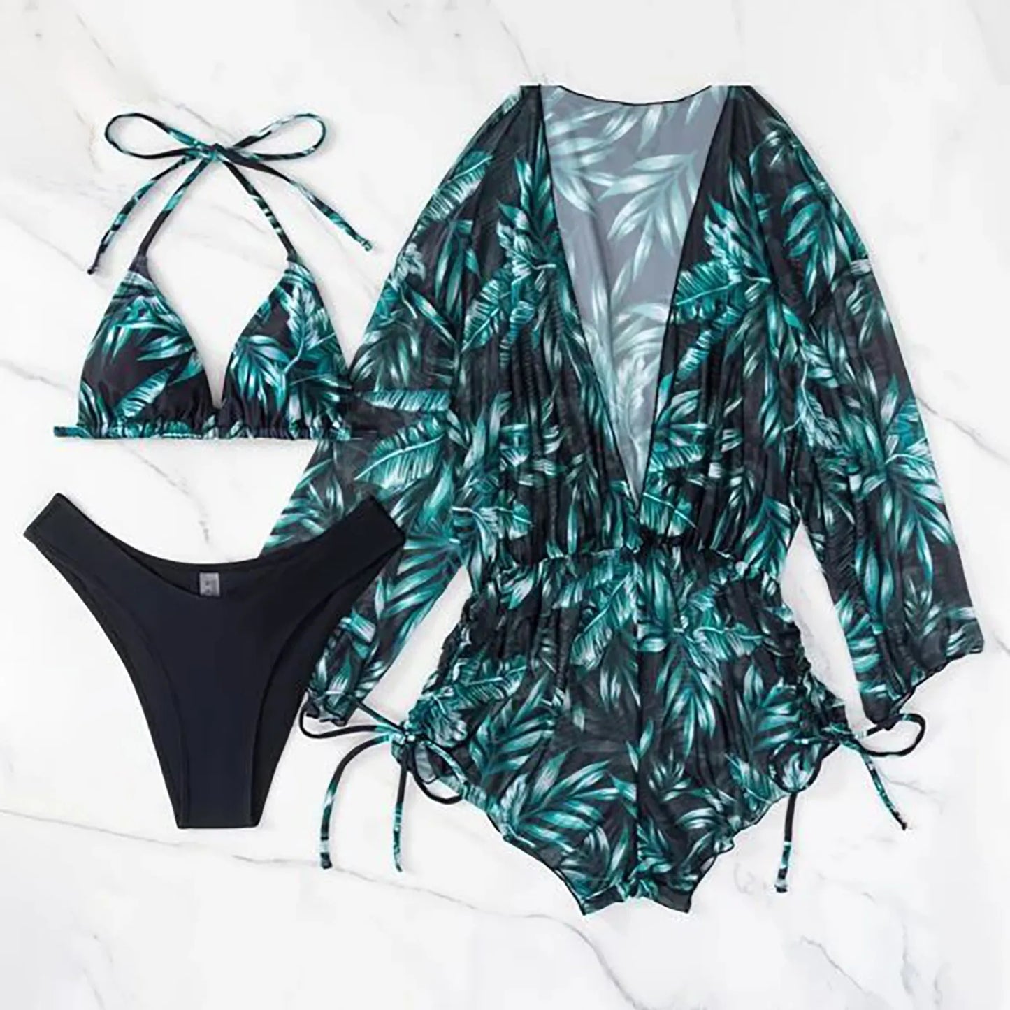 Sexy Women Beach Bikini Set Three Piece High Waisted Swimwear with Cover Up