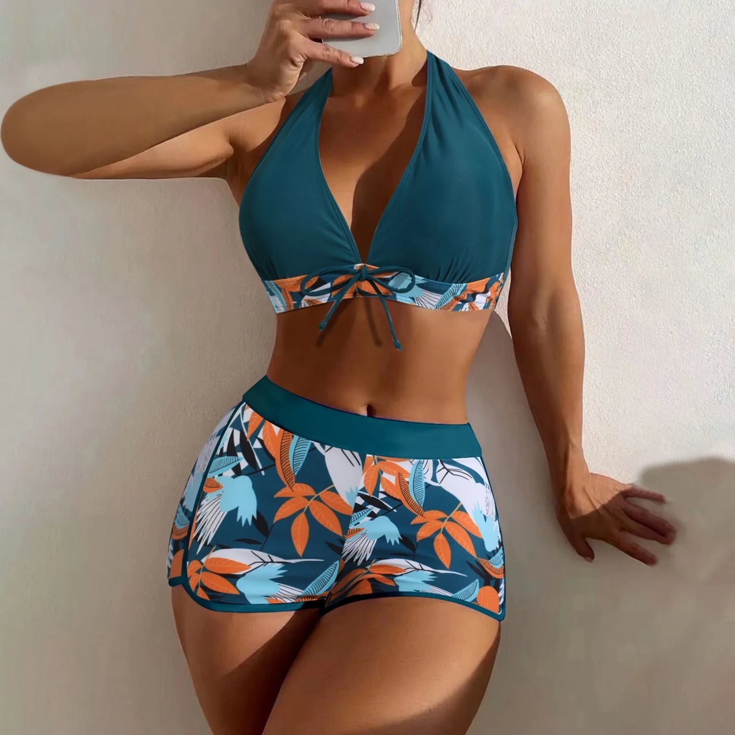 High Waist Plant Print Bikinis Set for Women Stylish Swimwear 2 Pieces
