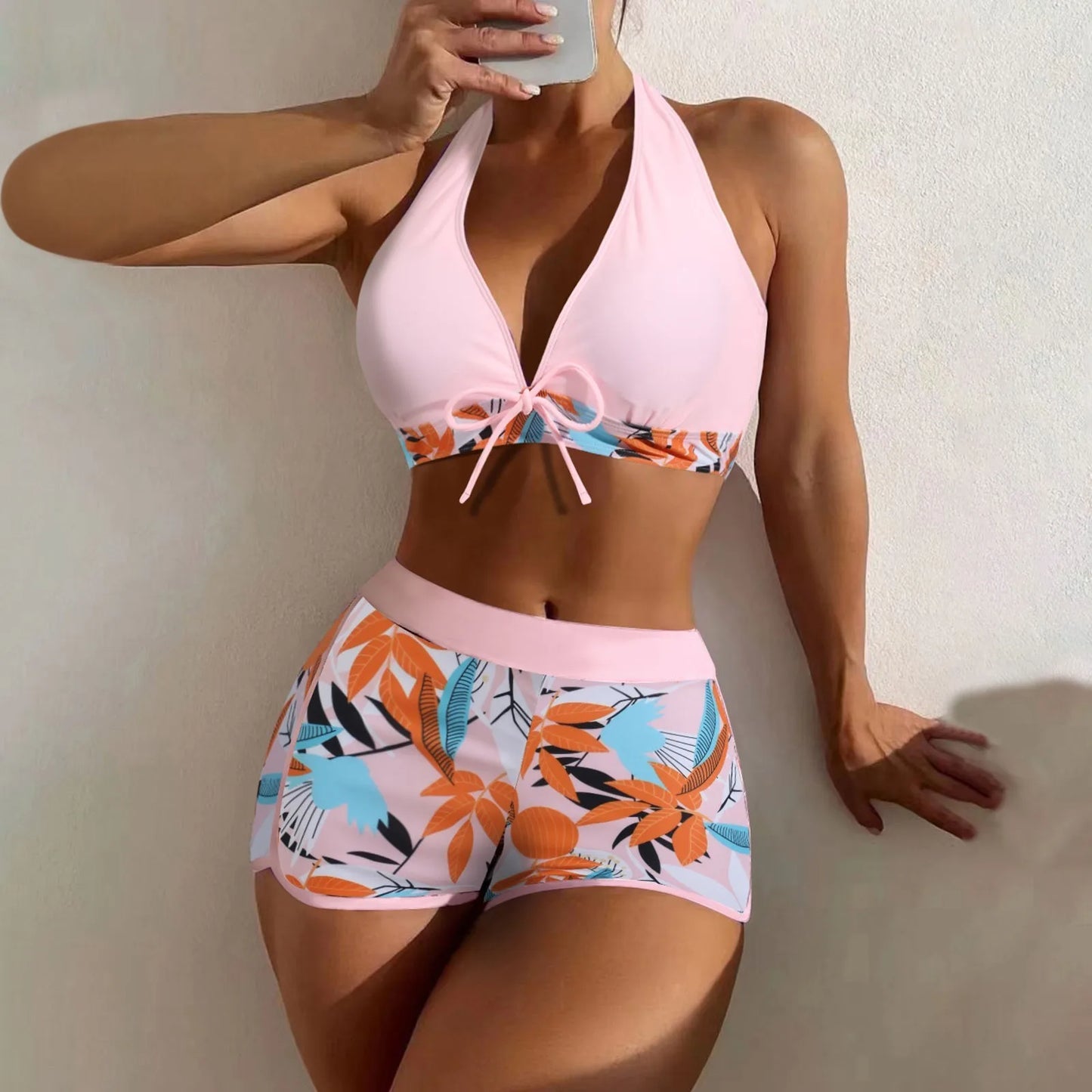High Waist Plant Print Bikinis Set for Women Stylish Swimwear 2 Pieces