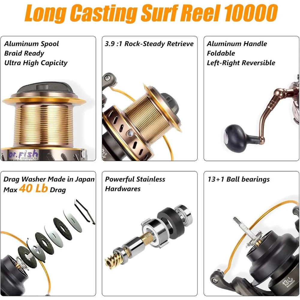 Surf Rod and Reel Combination Saltwater Fishing Tackle Set for Beach Casting
