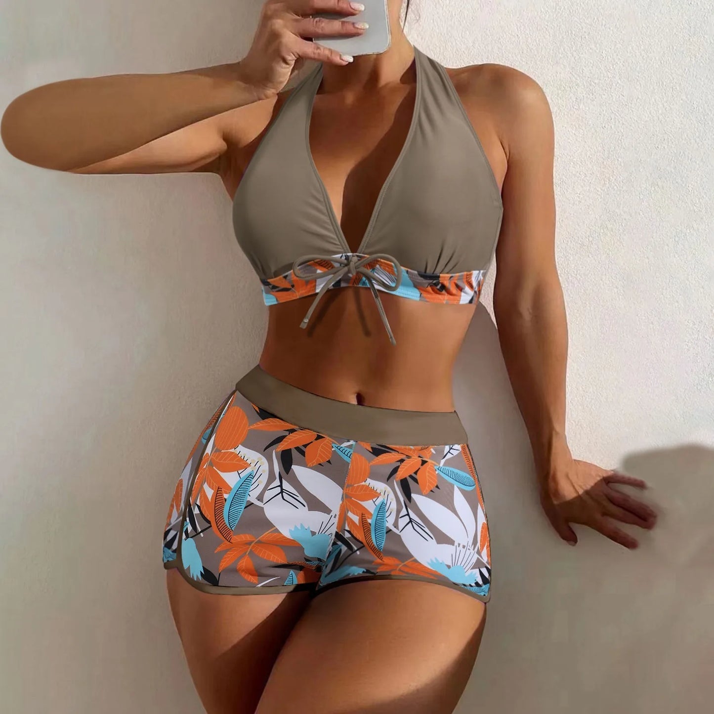 High Waist Plant Print Bikinis Set for Women Stylish Swimwear 2 Pieces