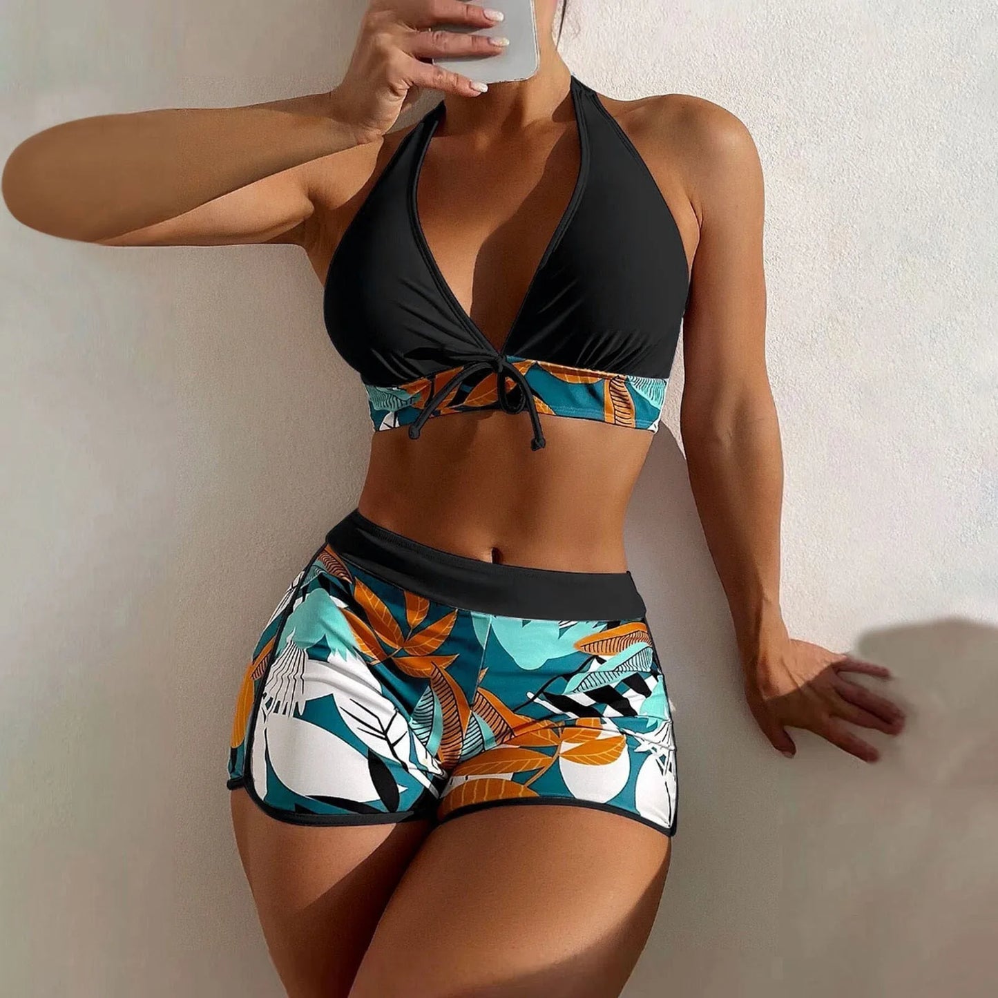 High Waist Plant Print Bikinis Set for Women Stylish Swimwear 2 Pieces