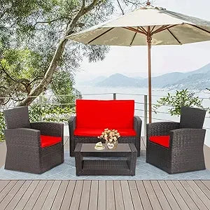 4 Pieces Outdoor PE Rattan Wicker Sofa Set with Cushions and Glass Table