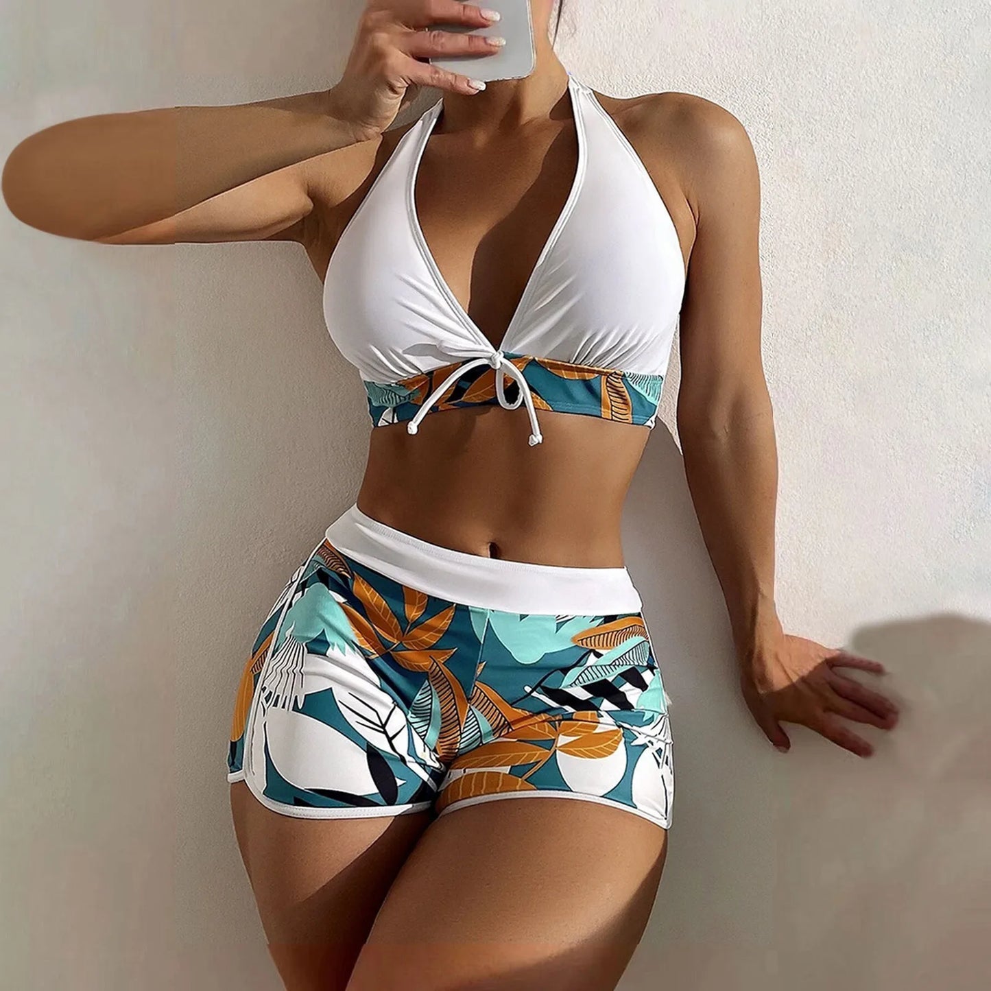 High Waist Plant Print Bikinis Set for Women Stylish Swimwear 2 Pieces