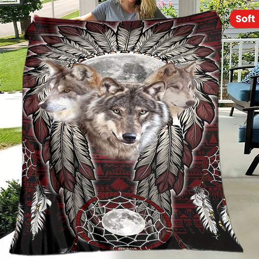 Soft And Warm Aboriginal Wolf Print Flannel Blanket For All Seasons