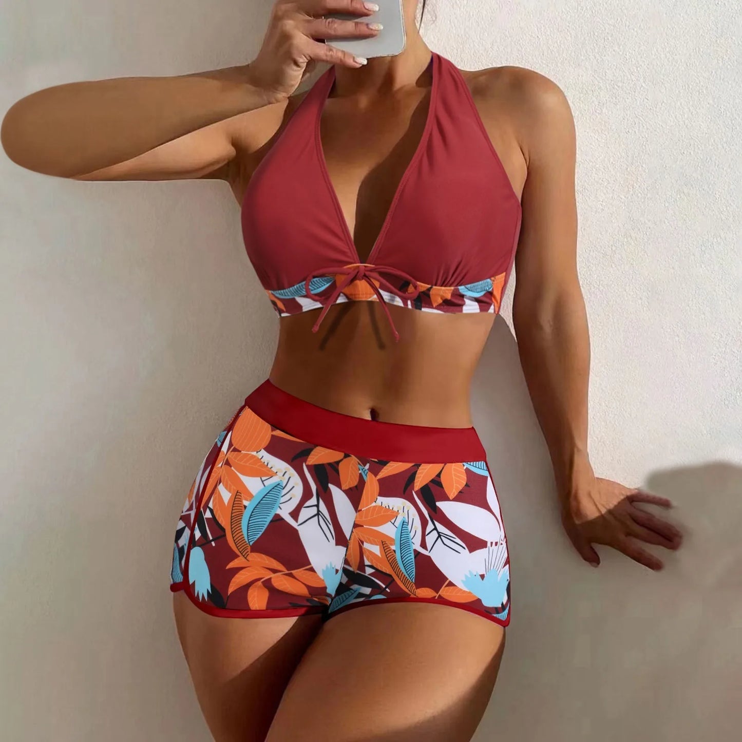 High Waist Plant Print Bikinis Set for Women Stylish Swimwear 2 Pieces