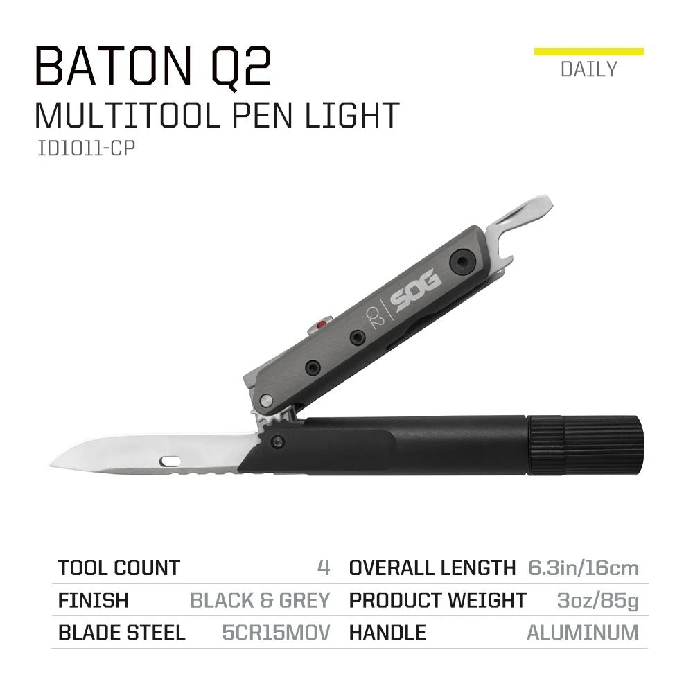 SOG Baton Q2 4-in-1 EDC Pen Multitool with Flashlight Knife and Screwdriver