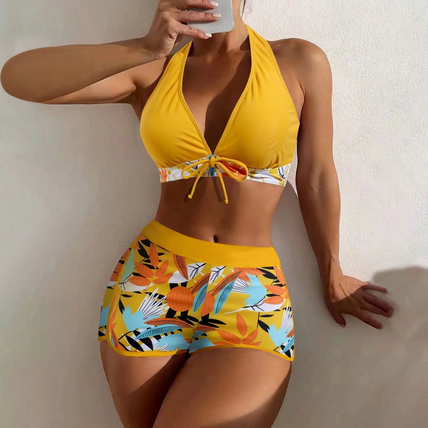 High Waist Plant Print Bikinis Set for Women Stylish Swimwear 2 Pieces