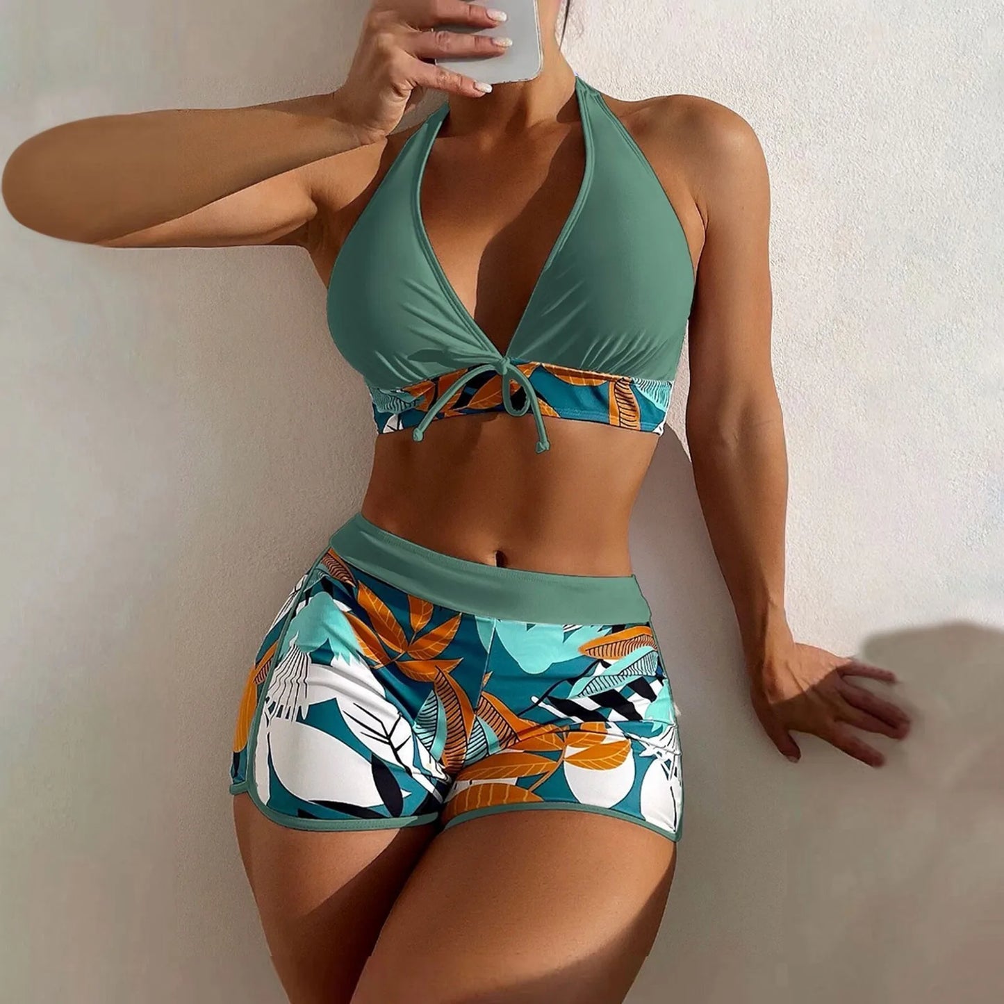 High Waist Plant Print Bikinis Set for Women Stylish Swimwear 2 Pieces