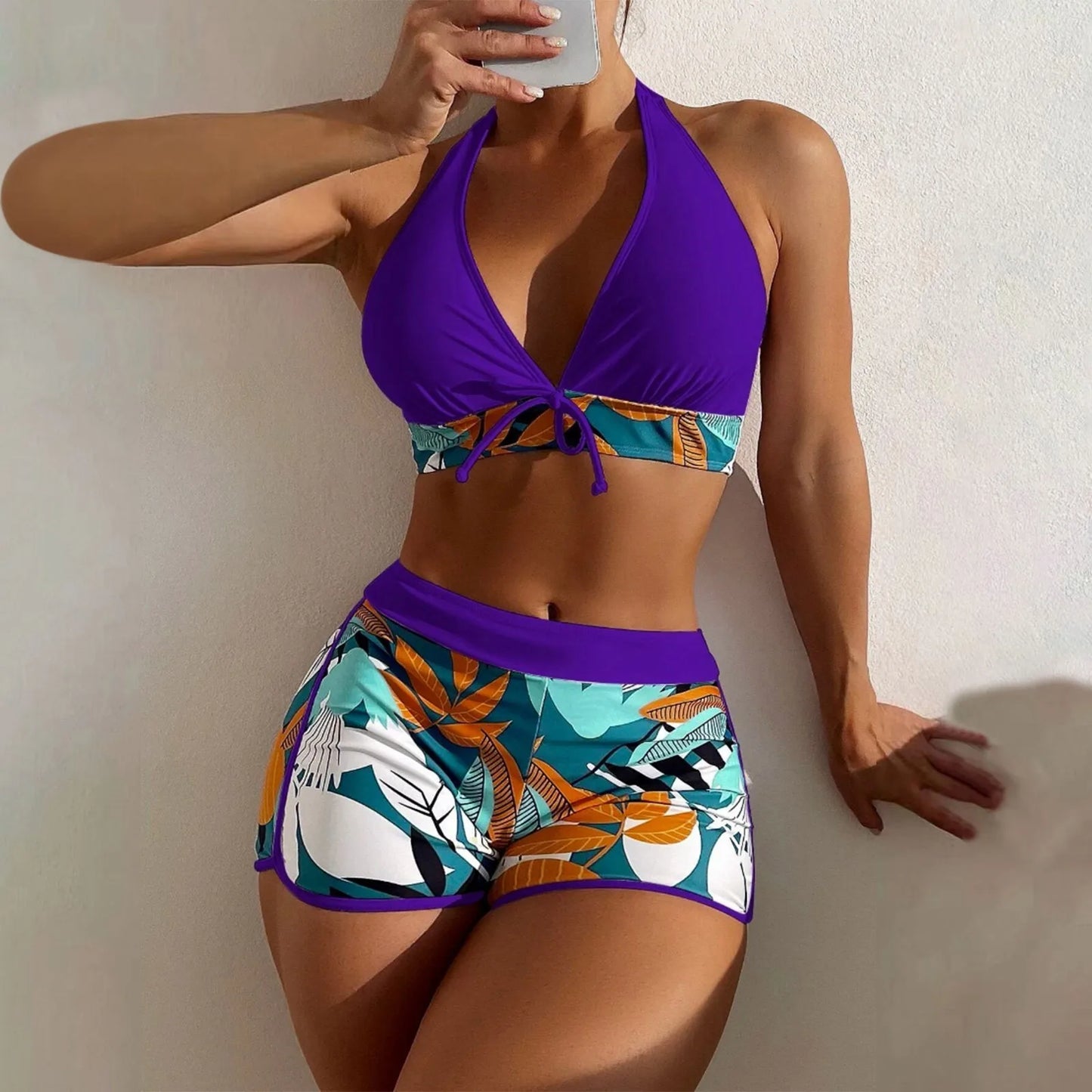 High Waist Plant Print Bikinis Set for Women Stylish Swimwear 2 Pieces