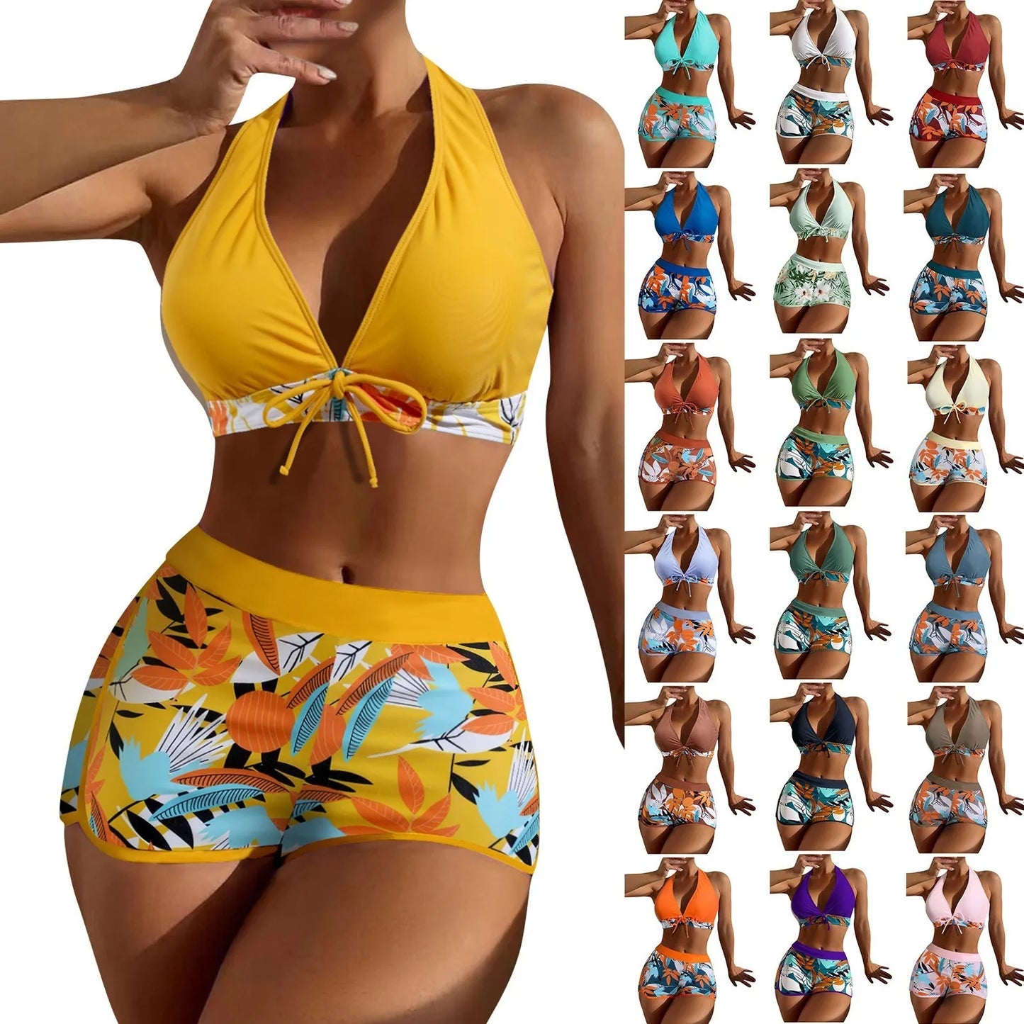 High Waist Plant Print Bikinis Set for Women Stylish Swimwear 2 Pieces