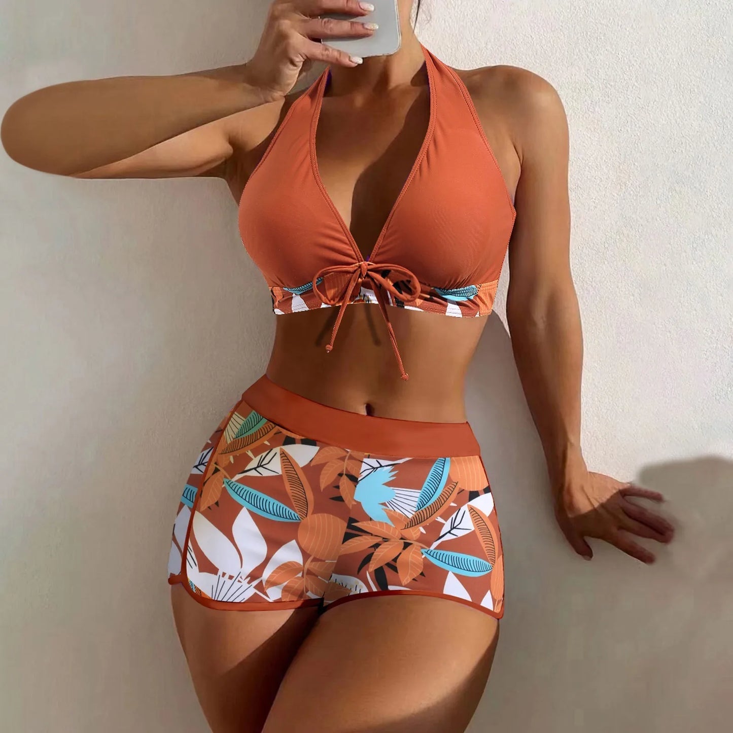 High Waist Plant Print Bikinis Set for Women Stylish Swimwear 2 Pieces