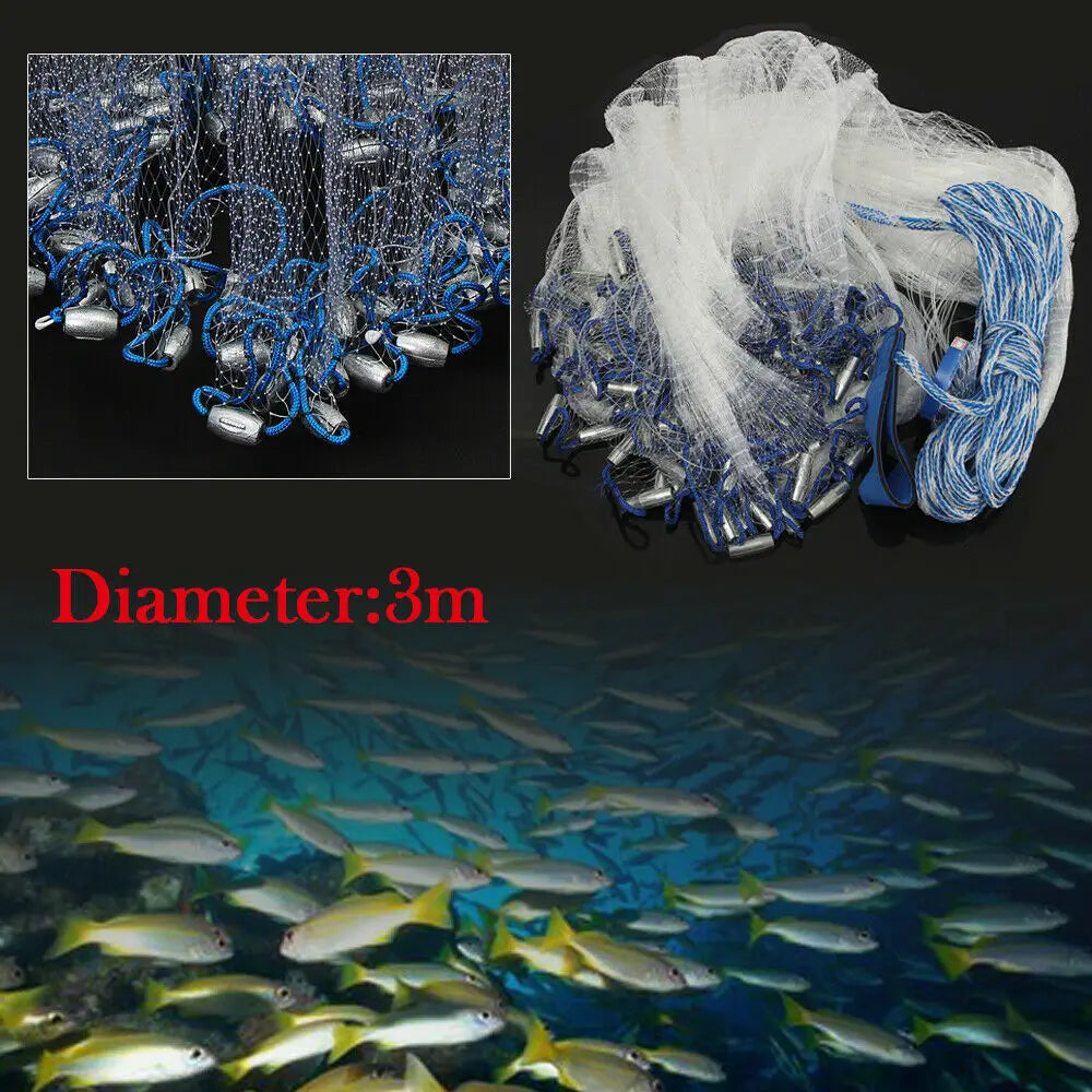 Durable 10ft Fishing Cast Net with Steel Sinkers and Monofilament Mesh